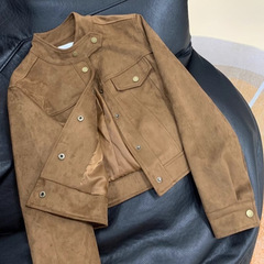 跨境咖色夹克绒皮衣外套女春秋设计感小众小个子短款机车服