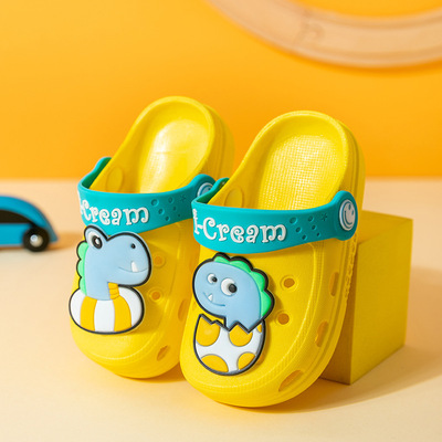 Детские тапочки в стиле Crocs, детская сумка, босоножки для мальчиков для младенца, нескользящие мюли, динозавр, закрытый носок, мягкая подошва