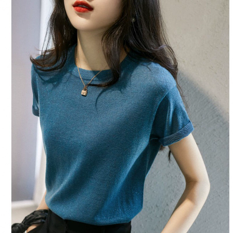 Женская блузка с круглым вырезом из блестящего шелка, летняя тонкая модная свободная футболка 2025, облегающая, из ледяного шелка, трикотажная