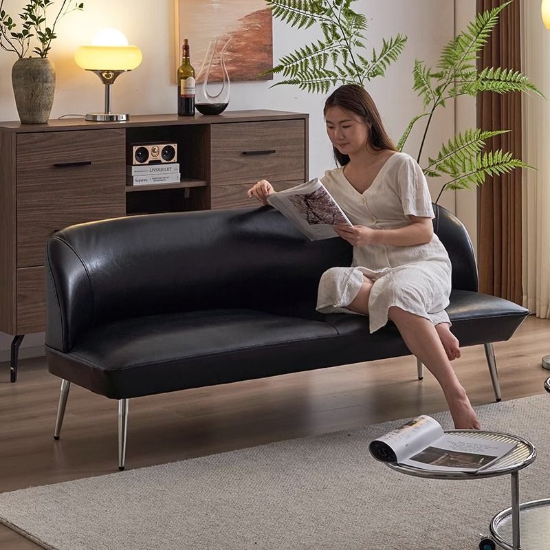 Trendy Retro Sofa for Small Apartments, Living Room, Light Luxury, Simple Black Waxed Leather, Clothing Store, Double Small Sofa