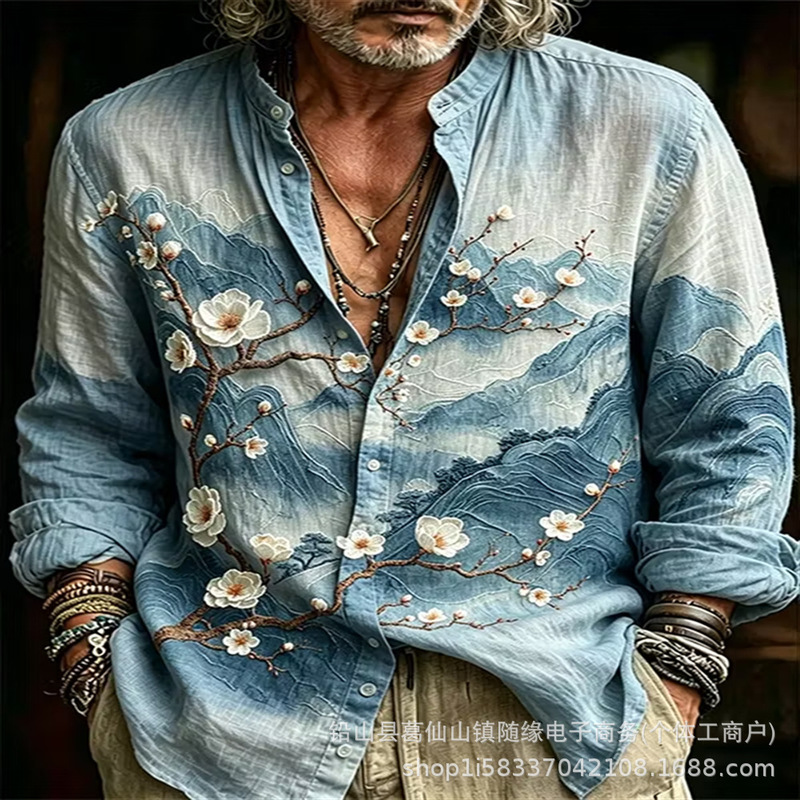 2026 Ink Dot Vertical Stripe Henry Collar Long Sleeve Shirt Vintage Texture Relaxed Style Men's Casual Shirt