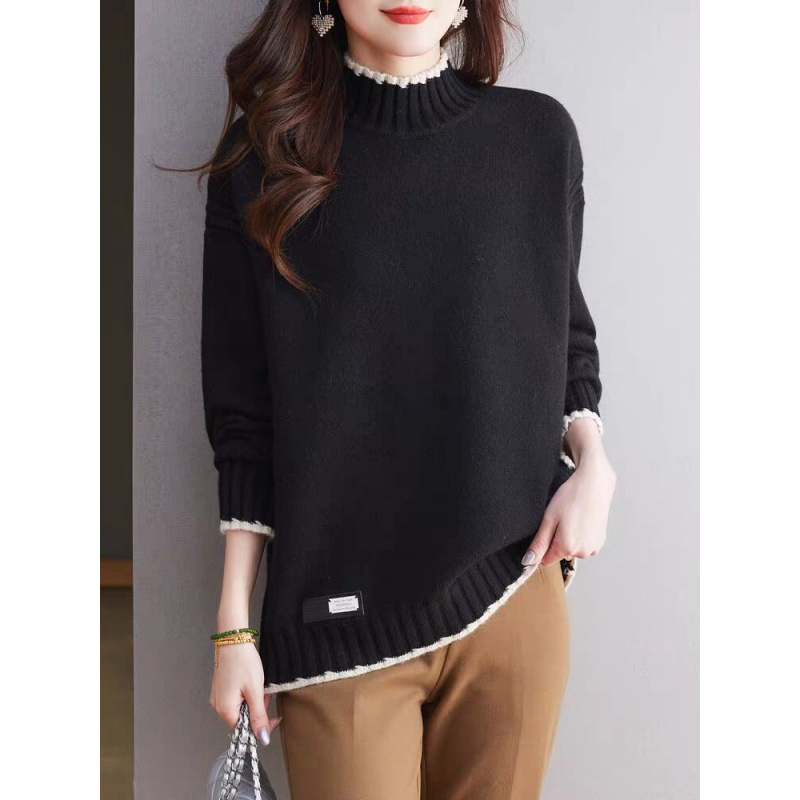 Playera de Punto con Cuello Medio Alto de Acrílico y Nailon Bloque de Color para Otoño e Invierno