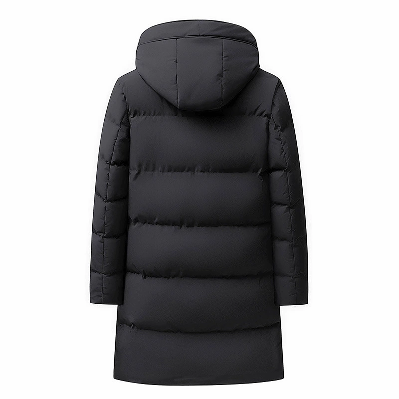 Long demi-season down jacket with down, mid-length, increased thickness