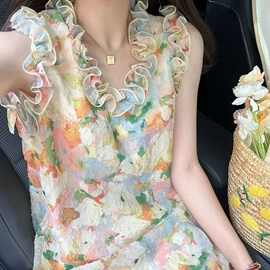 法式浪漫油画花朵吊带连衣裙甜美风减龄氛围感宽松裙子针织面料款