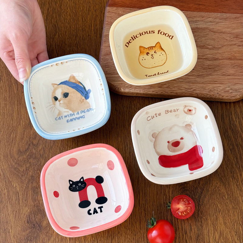 Small Ceramic Plates for Home Use, Cartoon-Style Sauce Dishes for Hot Pot, Barbecue Seasoning Bowls, Sauce and Dipping Dishes for Commercial Use