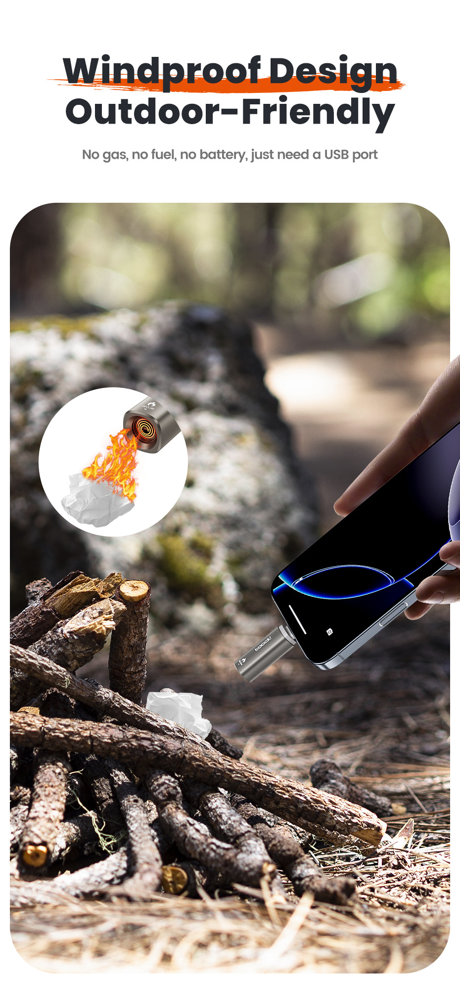 Toocki Portable Mini Igniter Outdoor Camping Emergency Lighter with External Type-C Plug-In for Car Use
