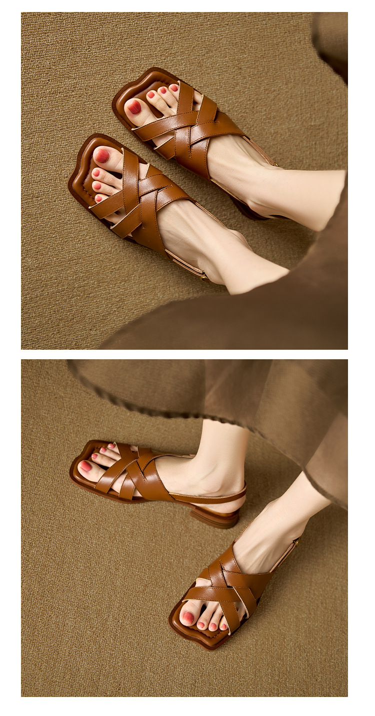 Dép sandal nữ da bò dệt thủ công kiểu La Mã đế bằng — nâu chi tiết 9