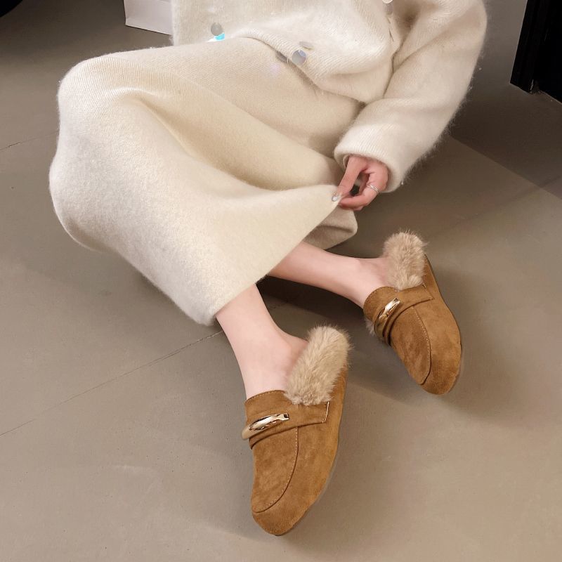 新品时尚冬季包头豆豆毛毛棉拖鞋平底保暖居家外穿复古色加绒女鞋