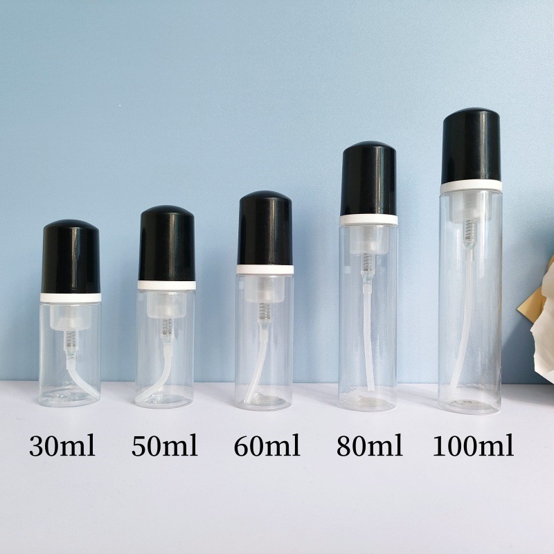30 dientes PET mousse transparente botella 30ml100ml limpiador facial espuma botella champú espuma botella de pie en stock
