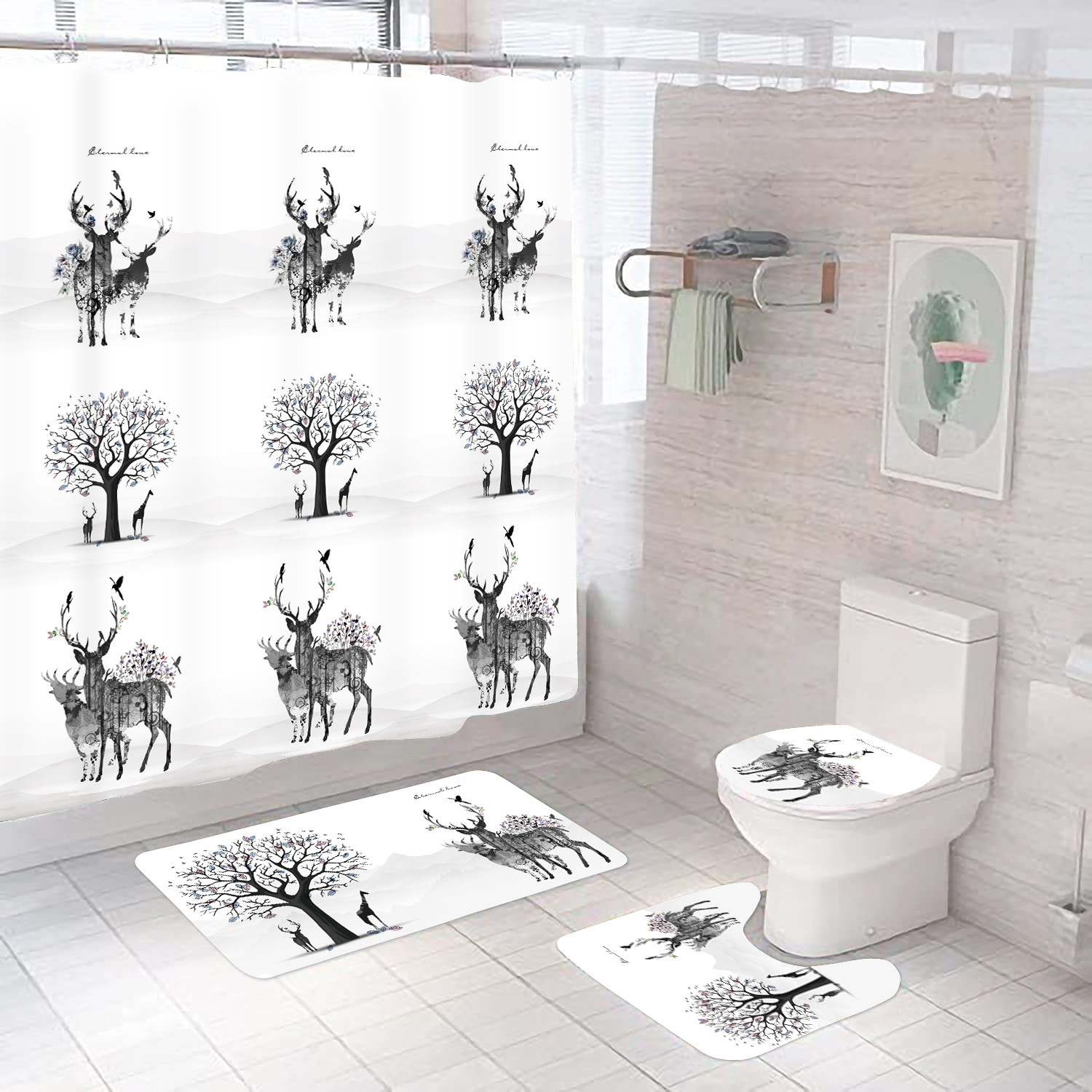 Cuatro piezas PEVA cortina de baño impermeable esterilla de suelo esterilla de inodoro esterilla de inodoro combinación de cuatro piezas para el baño se puede personalizar