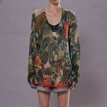 新款女装复古迷彩印花轻薄亚麻针织开衫开衫女宽松蝙蝠袖外搭开衫