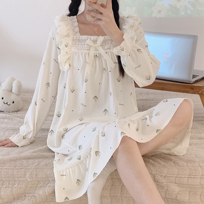 Pijamas de mujer de Primavera de algodón artificial crepé encaje camisón de manga larga ropa para el hogar de las mujeres vestido de una sola pieza de dibujos animados lindo Generación de cabello
