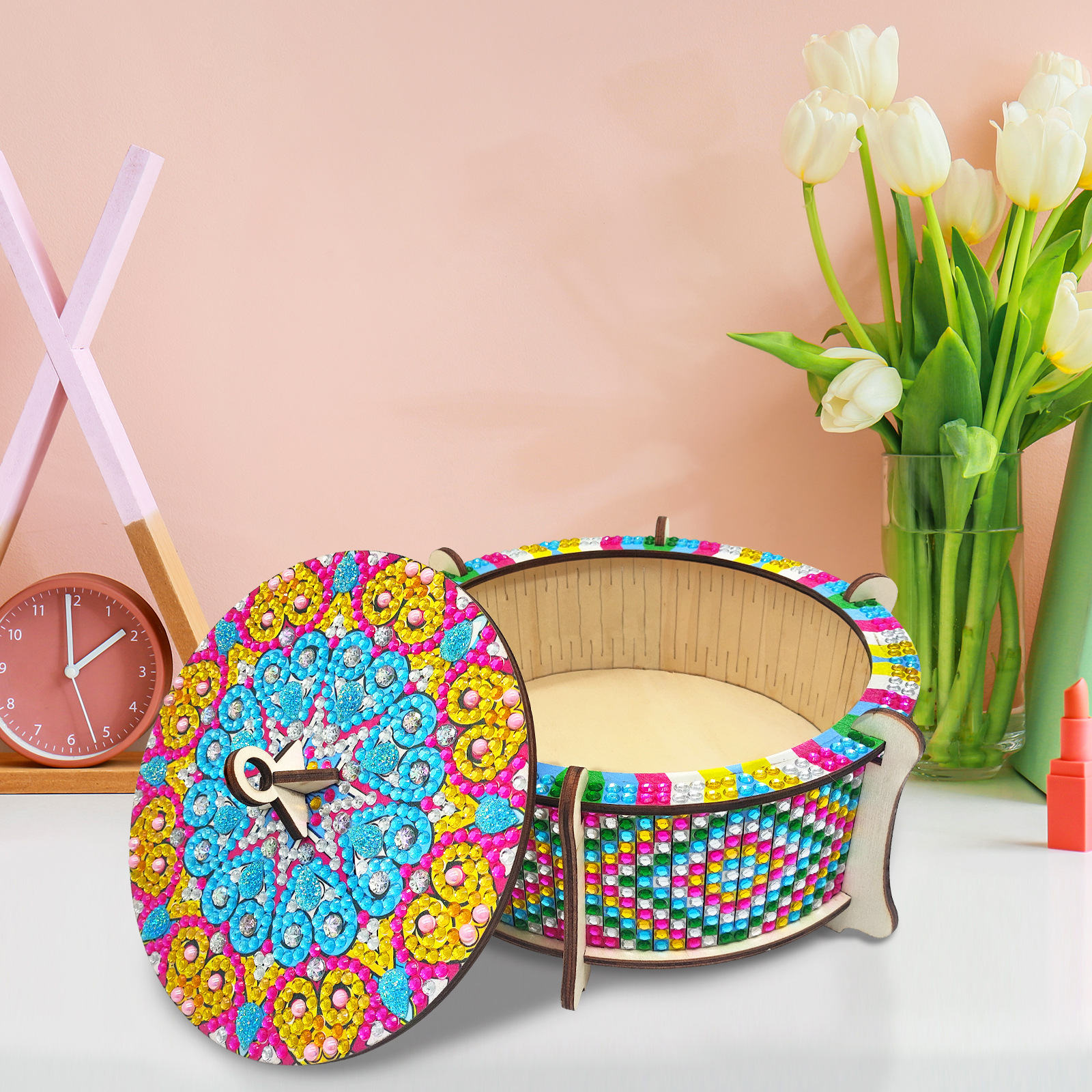 Pintura de diamantes DIY caja de almacenamiento de diseño creativo caja de madera artesanía perforación pegatinas