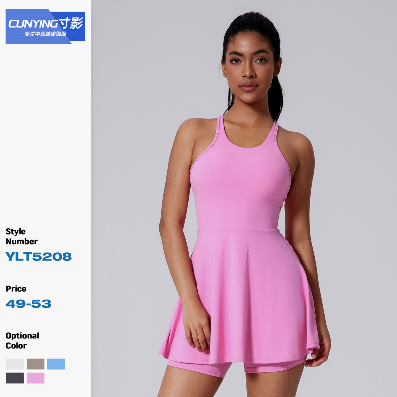 Cross-border Sanding Naked V-back Yoga Dress Running Sports Anti-running Leggings Tennis Skirt Fitness