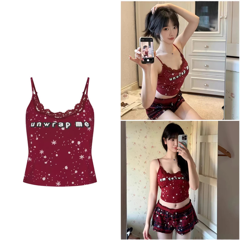 Skim* Christmas Limited Edition Red Lace-Trimmed Snowflake Print Camisole for Women, Slim Fit, Can Be Worn Outside