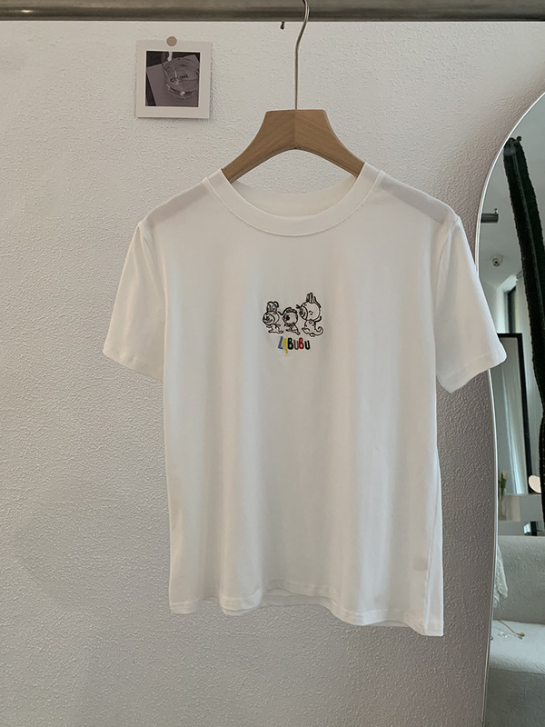 Omalai アニメ漫画刺繍柄ラウンドネック半袖ストレートショルダー Tシャツトップ夏韓国語版女性 4015|undefined