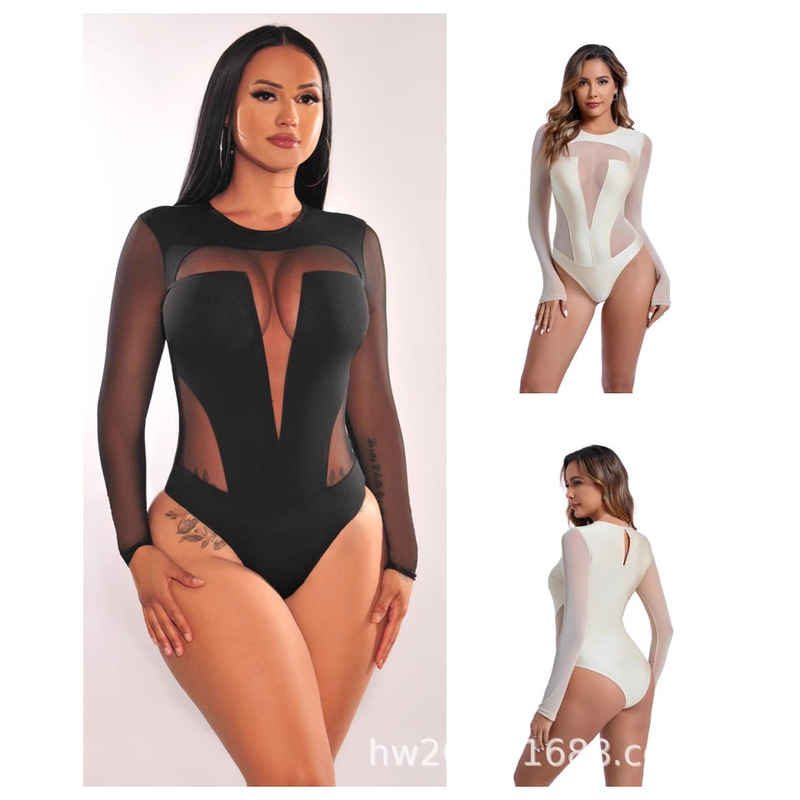Autumn and Winter European and American Foreign Trade women's clothing new European and American style mesh geometric stitching sexy slim one-piece open shorts
