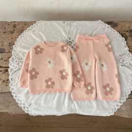 ins韩版女童宝宝秋季纯棉花朵毛衣套装婴幼童柔软外出服两件套装