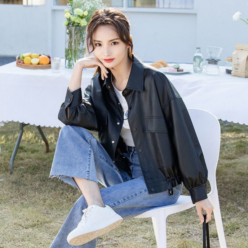 Short Shirt Leather Coat Women's Biker Suit Western Style Drawstring Leather Jacket Windproof 2024 Trendy Top