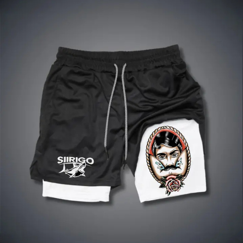 Cross-border Amazon American High Street Personality Printed Men's Shorts Double-layer Fitness Sports 2 in 1 Casual Pants Wholesale