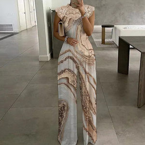 product - wholesale Women Clothing Printed Lace Stitching Sleeveless round Neck Loose Casual Jumpsuit Trousers - 1