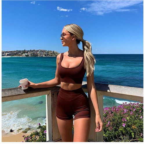 New U-neck square neck bra, shorts and trousers, sexy seamless knitted sports yoga wear for fitness