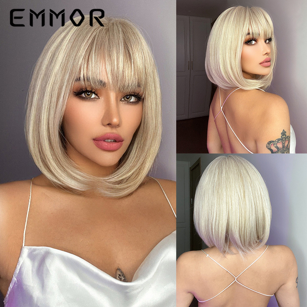 Comercio electrónico transfronterizo Comercio exterior nuevo pelo corto recto flequillo recto cabeza de Bobo Peluca de fibra química europea y americana fabricante de cubierta de cabeza completa femenina