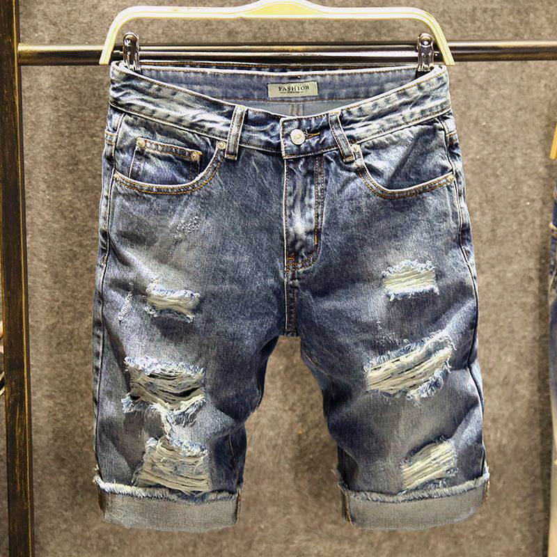Sanlidai Summer Light-colored Ripped Denim Shorts Men's Loose Five-point Pants Men's K-style Trendy Brand Quarter Pants