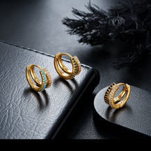 双层锆石耳环男士个性百搭金色耳扣女生轻奢高级感耳圈时尚耳饰品