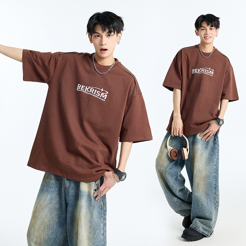 アルファベット刺繍半袖tシャツ男子夏の薄手の丸首五分袖上着の潮牌ゆるい半袖|undefined