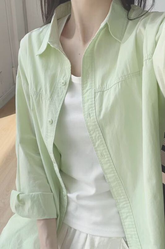 Mint Green Collar Long-Sleeved Shirt for Women Spring and Autumn New Design Niche Chic Versatile Jacket Top