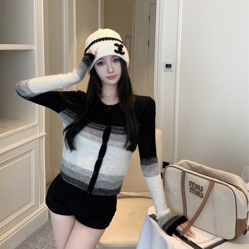 昕可达 马海毛渐变针织衫女冬季新款慵懒风毛衣复古长袖开衫上衣|undefined