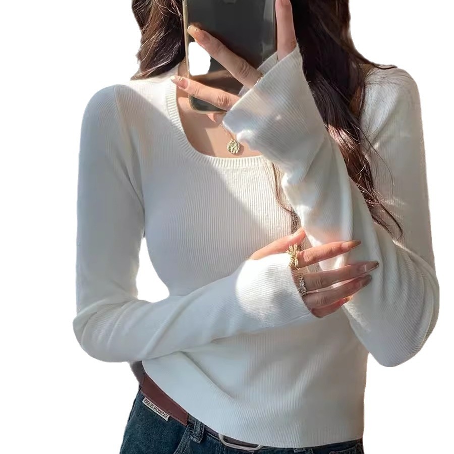 Low Neck Women's 2025 Spring and Autumn Gray Knit Sweater, Fitted Square Collar Top for a Luxurious Vibe