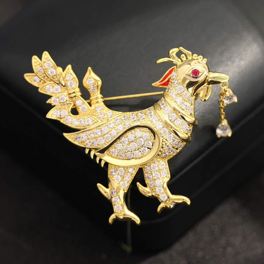 高档中式国风金色威武个性大公鸡胸针夸张小众镶石动物生肖鸡别针