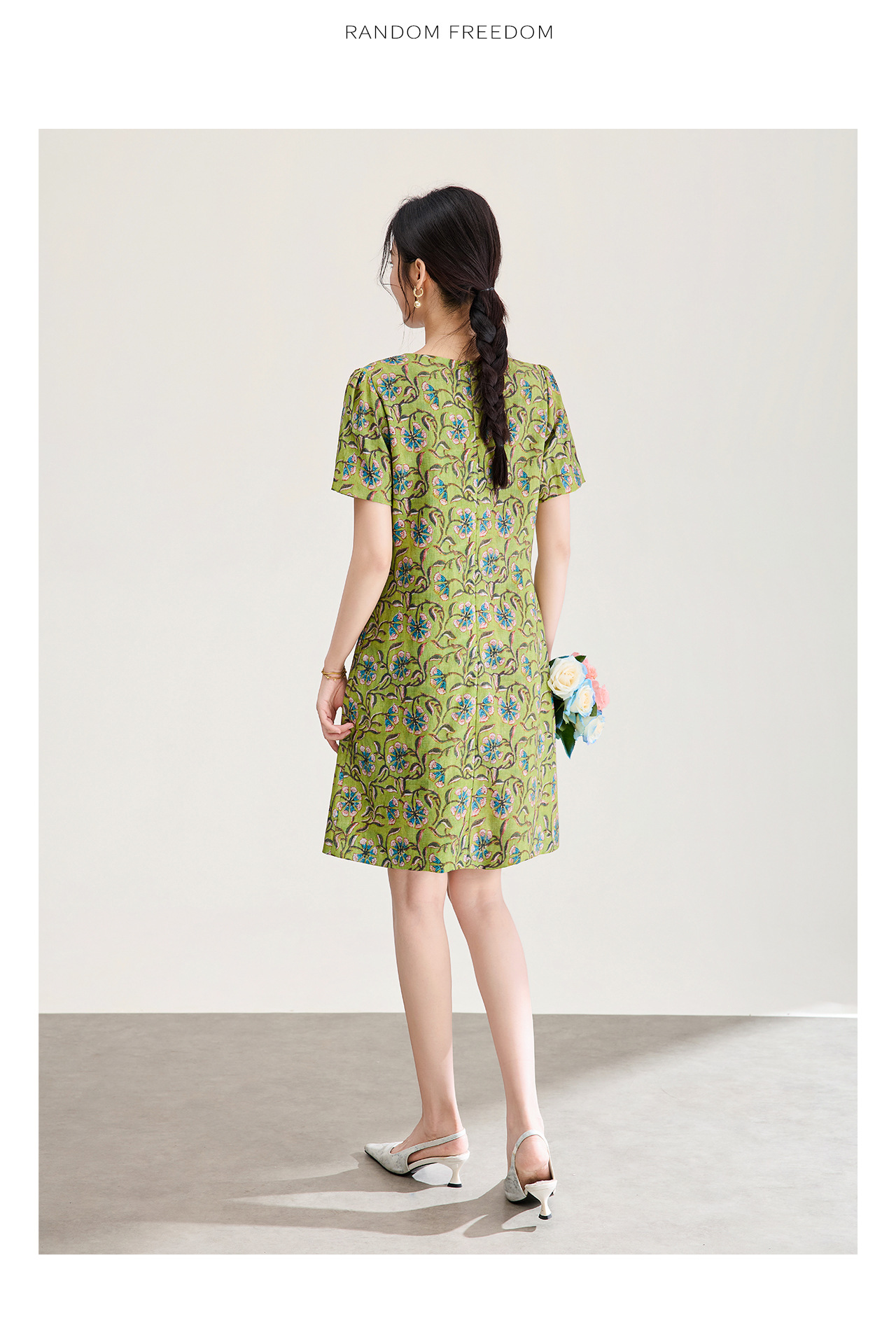 Đầm maxi nữ thắt eo tay ngắn họa tiết vintage chất lụa tơ tằm phối sợi gai — xanh lá cây chi tiết 15