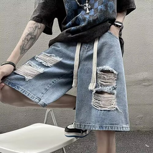 Men's Summer Thin Hole Five-Piece Denim Shorts, Japanese Style, Elastic Waist, Loose, Retro Streetwear Brand Casual Straight Leg Pants