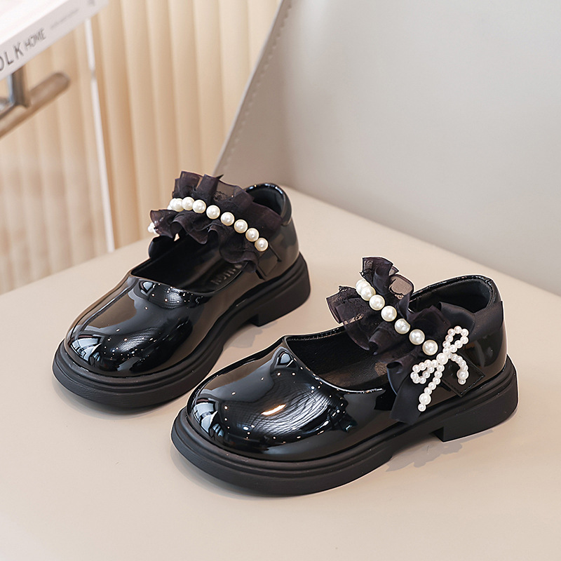 Girls Pearl Bow Small Leather 2025 Summer and Autumn New Korean Style Children's Shoes Medium and Large Children's Girls Princess Leather Shoes