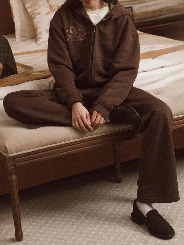 Bộ đồ thể thao nữ hai mảnh áo hoodie khóa kéo ngắn tay dài và quần dài — Màu xanh hải quân, màu xanh đậm, nâu sẫm chi tiết 14
