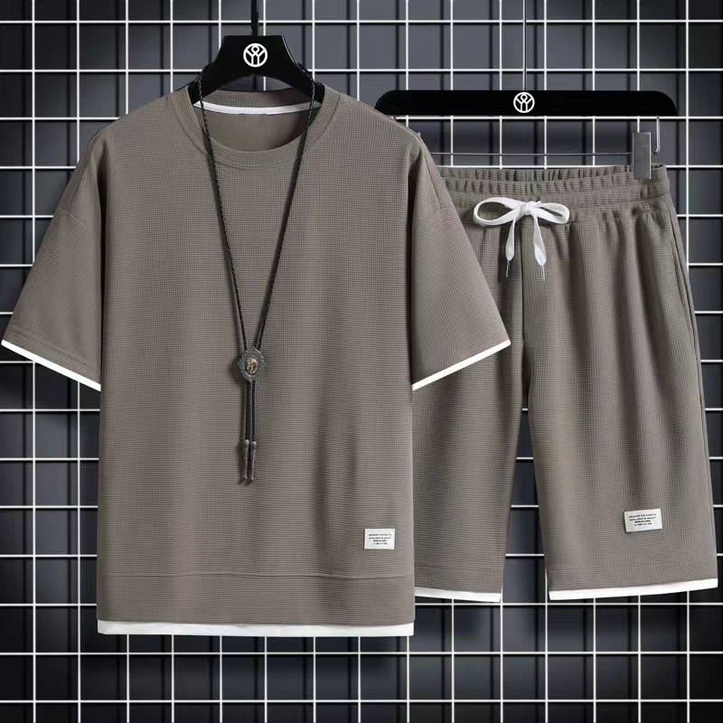 新款华夫格夏季休闲运动服宽松套装男士夏装潮流短袖T恤两件套|undefined