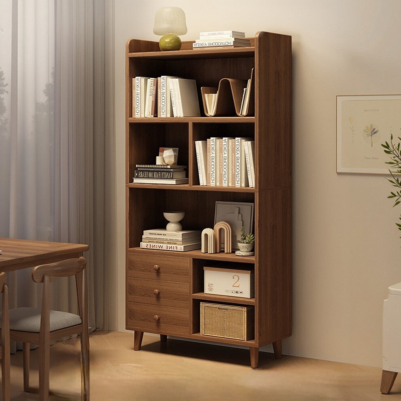 Solid Wood Bookshelf with Drawer Storage Cabinet Floor-Standing Storage Rack Living Room Integrated Wall Storage Storage Cabinet Student Bookcase