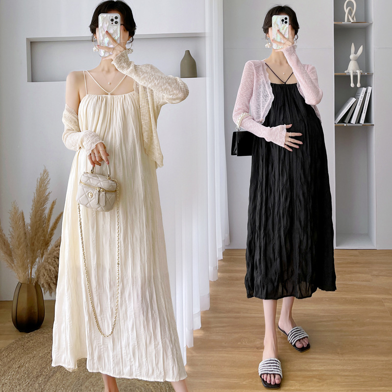 Pregnant Women Sexy Slip Skirt Two-piece Set Pleated Front and Back Wear Prenatal and Postpartum Loose Comfortable Dress Set