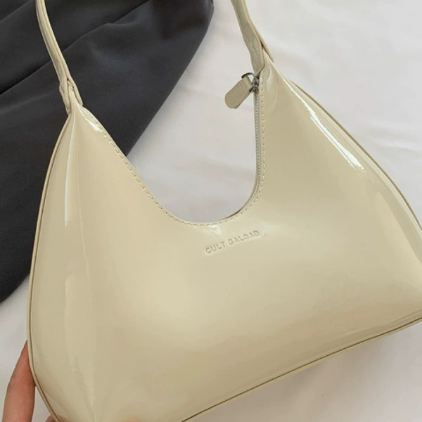 Glossy, beige, capacious