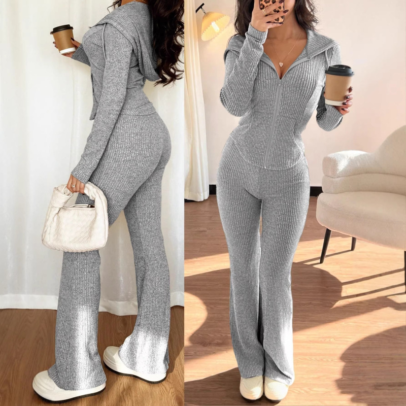 European and American Cross-Border New Autumn and Winter Women's Fashion Long-Sleeve Hooded Slim-Fit Sweatshirt Jacket and Straight-Leg Pants Set for Women