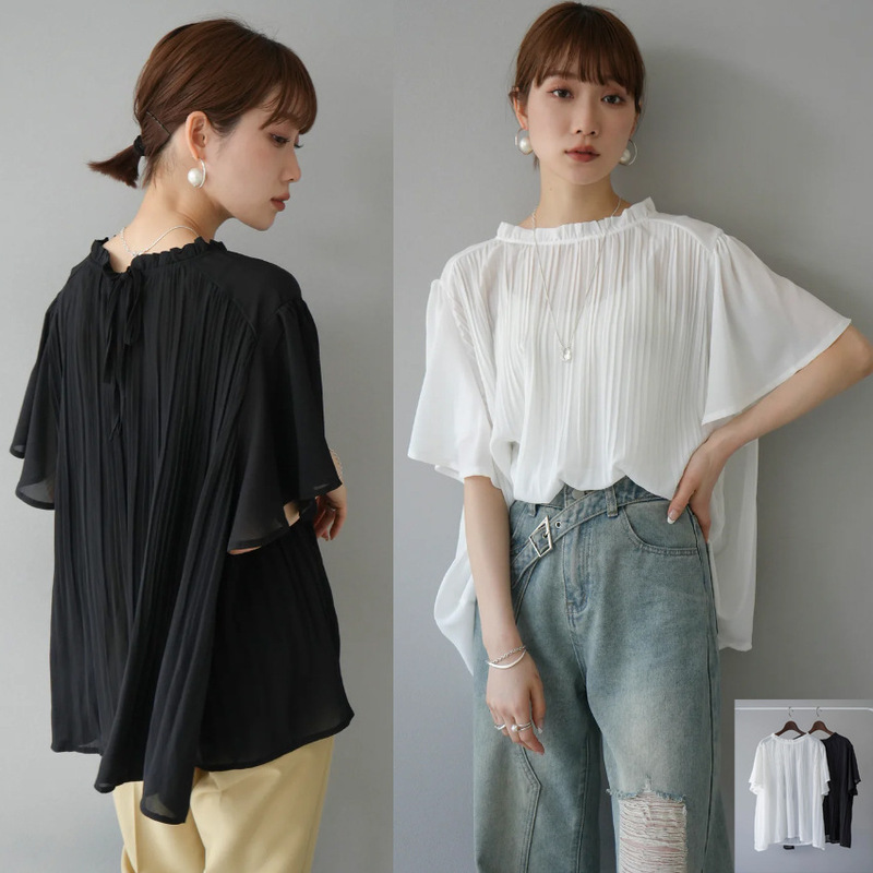 New Summer Pleated Solid Color Ol White-Collar Pleated Women's Loose Short-Sleeve Shirt Top Cross-Border