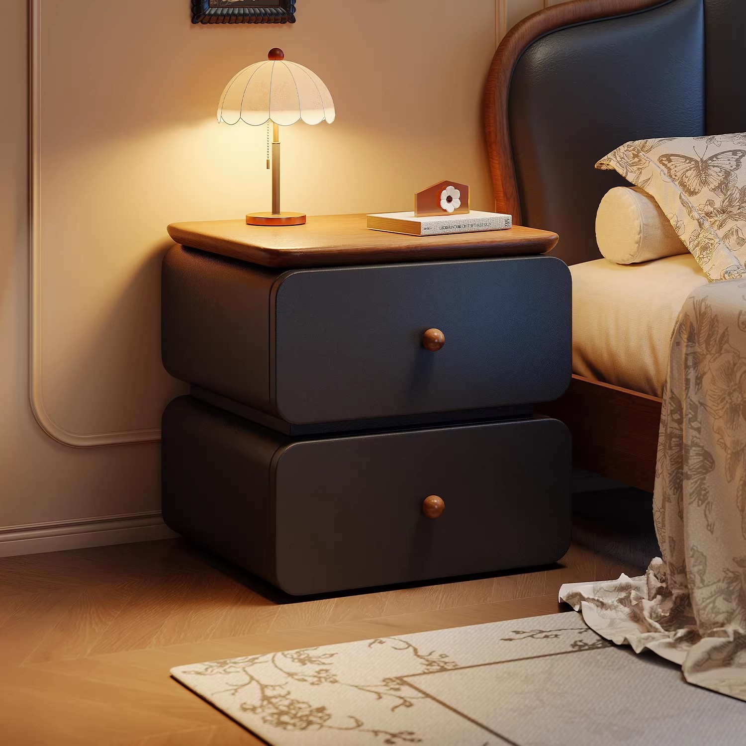 Escritorio de cabecera negro de estilo antiguo dormitorio doméstico de madera maciza 2026 nuevo lujo ligero de alto nivel pequeño gabinete de almacenamiento junto a la cama