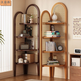Triangular Corner Cabinet Living Room Retro Corner Display Storage Rack Bedroom Light Luxury Rattan Storage Corner Cabinet