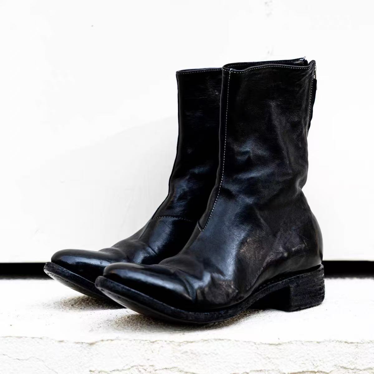 Top-layer cowhide leather thick-soled pointed-toe wizard boots for men, height-increasing trendy Martin boots, men's high-heeled casual high-top Chelsea boots