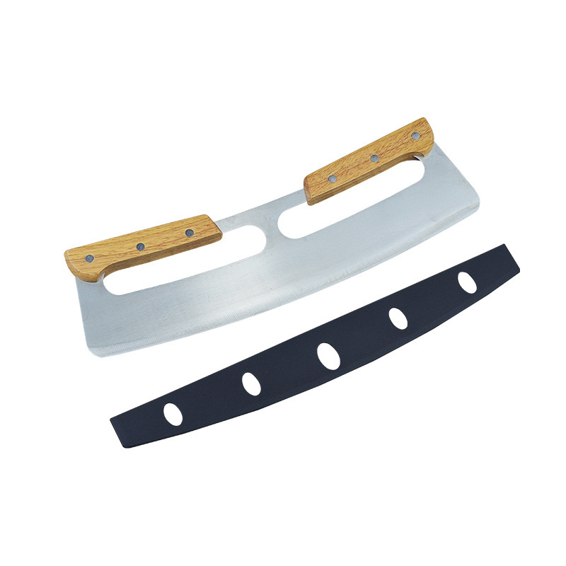 Cruzar la frontera doble mango cortador de pizza mango de madera semicírculo Pizza Rock cuchillo cortador de pizza de Acero Inoxidable marca nueva cubierta protectora