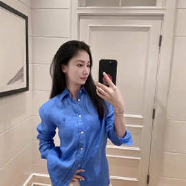 26年新款刺绣亚麻长袖衬衫女春夏款慵懒宽松亚麻气质薄款衬衫