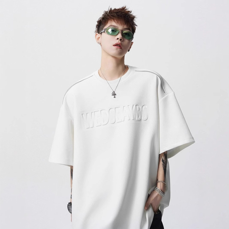 ヘビーウェイト半袖 Tシャツメンズ 2025 新作夏服レタープリントルーズカジュアルラウンドネック半袖 Tシャツイン|undefined